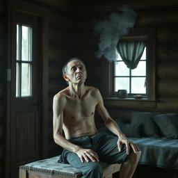 A scene featuring a man sitting on a wooden piece of furniture inside a cozy wooden house