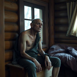 A scene featuring a man sitting on a wooden piece of furniture inside a cozy wooden house