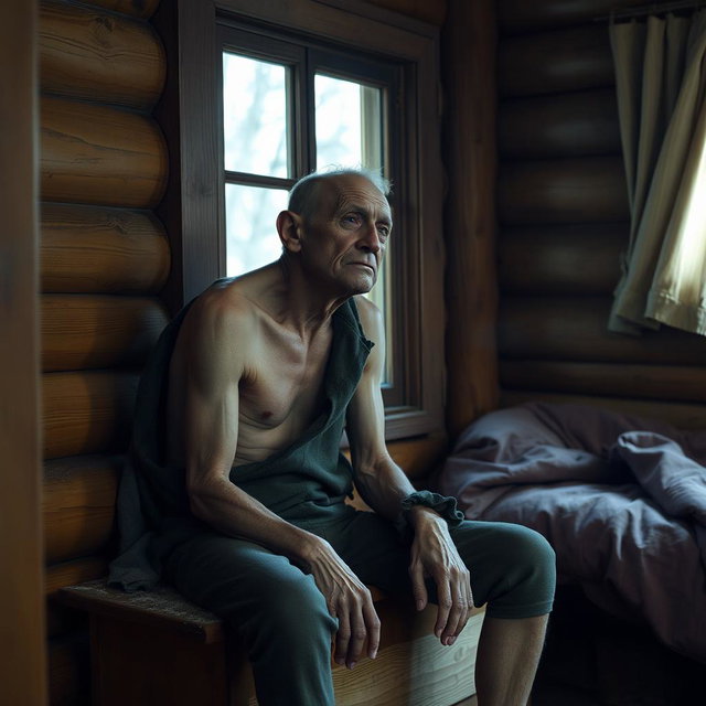 A scene featuring a man sitting on a wooden piece of furniture inside a cozy wooden house