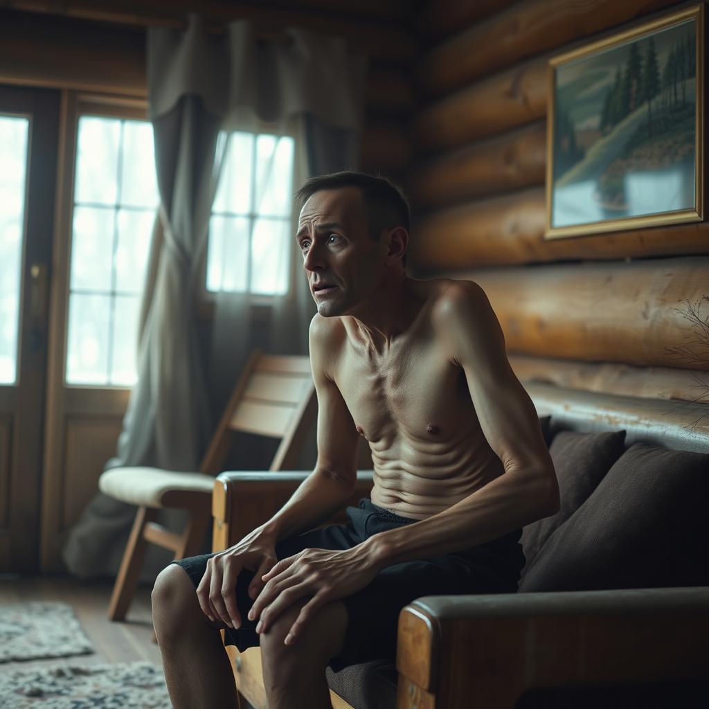 A scene featuring a man sitting on a wooden piece of furniture inside a cozy wooden house