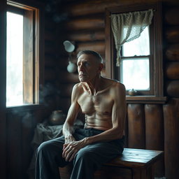 A scene featuring a man sitting on a wooden piece of furniture inside a cozy wooden house