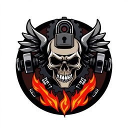 A logo featuring a stylized skull in the center, surrounded by intricate gears that represent machinery
