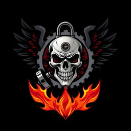A logo featuring a stylized skull in the center, surrounded by intricate gears that represent machinery