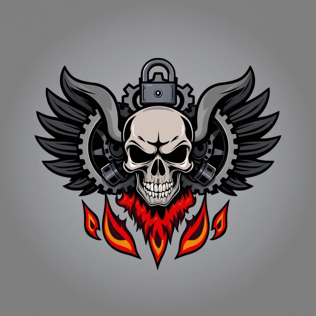 A logo featuring a stylized skull in the center, surrounded by intricate gears that represent machinery