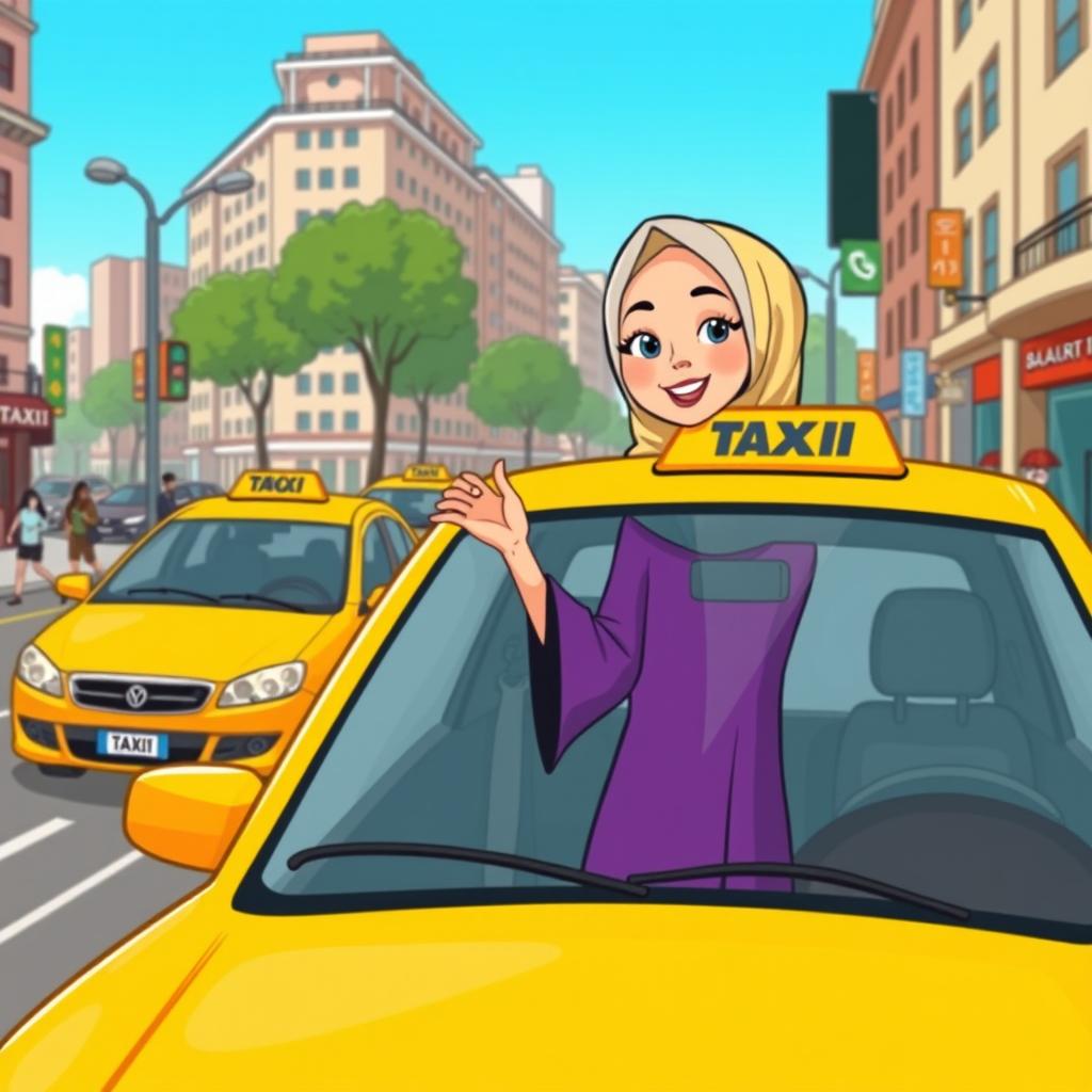 A cartoon illustration of a hejabi woman hiring a taxi