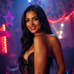 A sultry Latina woman with long dark hair and an alluring smile is the focal point, set in an enchanting, dimly-lit room that adds a sense of intimacy