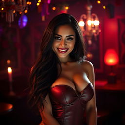 A sultry Latina woman with long dark hair and an alluring smile is the focal point, set in an enchanting, dimly-lit room that adds a sense of intimacy