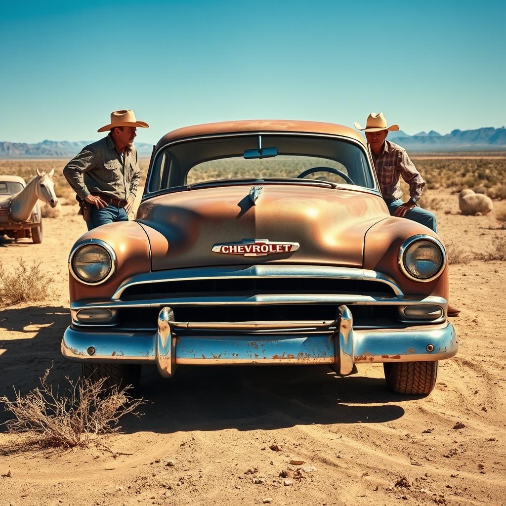 An old Chevrolet car parked in the vast Texas desert, showcasing an authentic American country vibe