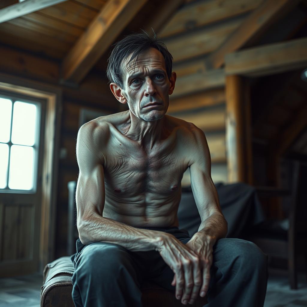 A man sitting on a piece of furniture in a wooden house, surrounded by a cold atmosphere