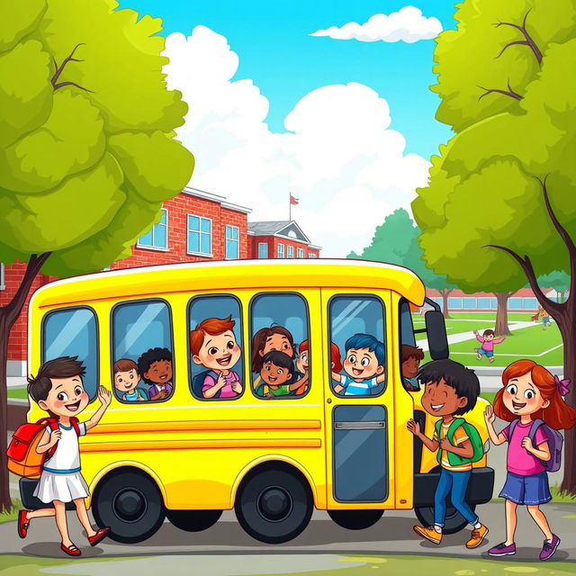 A colorful cartoon scene depicting a group of happy children getting on a school bus