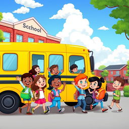 A colorful cartoon scene depicting a group of happy children getting on a school bus