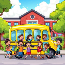 A colorful cartoon scene depicting a group of happy children getting on a school bus