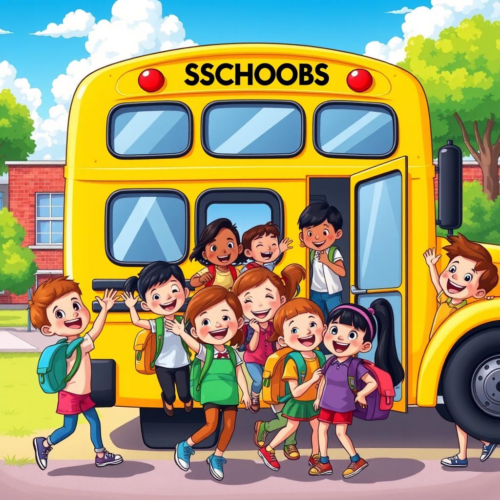 A colorful cartoon scene depicting a group of happy children getting on a school bus