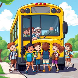 A colorful cartoon scene of children happily boarding a bright yellow school bus after a day of school