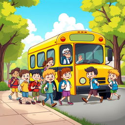 A colorful cartoon scene of children happily boarding a bright yellow school bus after a day of school