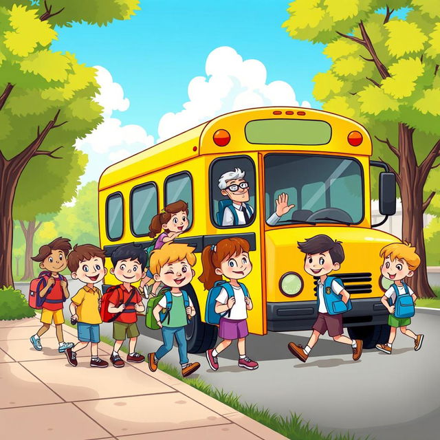 A colorful cartoon scene of children happily boarding a bright yellow school bus after a day of school