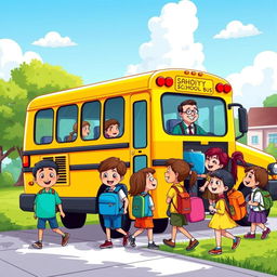 A colorful cartoon scene of children happily boarding a bright yellow school bus after a day of school