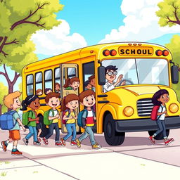 A colorful cartoon scene of children happily boarding a bright yellow school bus after a day of school