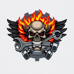 A logo design featuring a skull biting a wrench and a ring spanner, set against a backdrop of gears