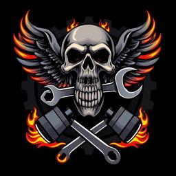A logo design featuring a skull biting a wrench and a ring spanner, set against a backdrop of gears