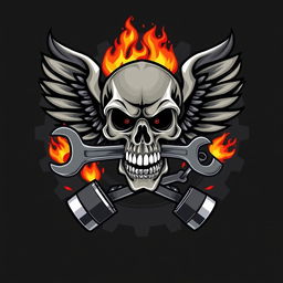 A logo design featuring a skull biting a wrench and a ring spanner, set against a backdrop of gears