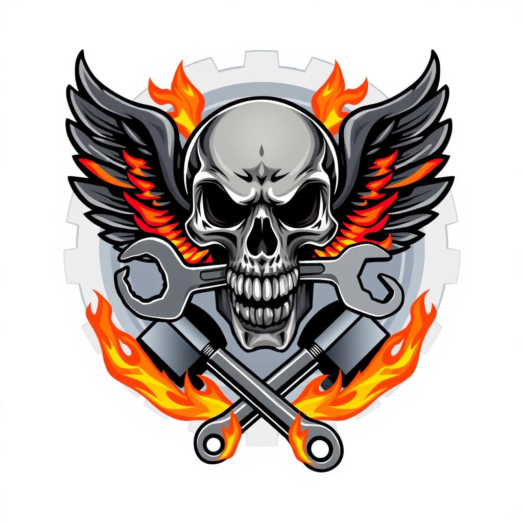 A logo design featuring a skull biting a wrench and a ring spanner, set against a backdrop of gears
