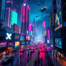 A vibrant cyberpunk cityscape at night, featuring towering neon-lit skyscrapers, bustling streets filled with futuristic vehicles, and holographic advertisements casting colorful lights onto the asphalt