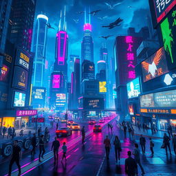 A vibrant cyberpunk cityscape at night, featuring towering neon-lit skyscrapers, bustling streets filled with futuristic vehicles, and holographic advertisements casting colorful lights onto the asphalt