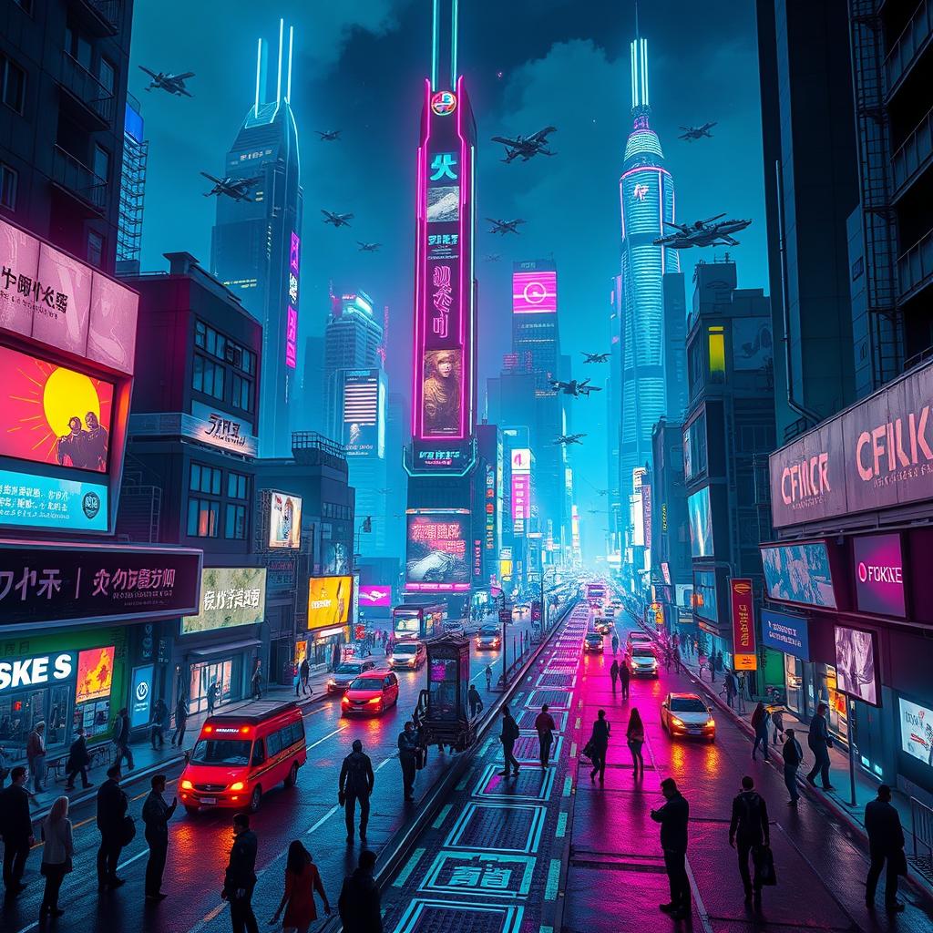 A vibrant cyberpunk cityscape at night, featuring towering neon-lit skyscrapers, bustling streets filled with futuristic vehicles, and holographic advertisements casting colorful lights onto the asphalt