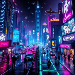 A vibrant cyberpunk cityscape at night, featuring towering neon-lit skyscrapers, bustling streets filled with futuristic vehicles, and holographic advertisements casting colorful lights onto the asphalt