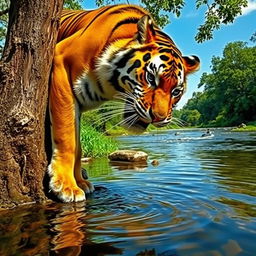 A fierce wild tiger drinking water from a river, with its powerful stance on a tree