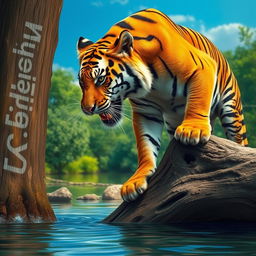 A fierce wild tiger drinking water from a river, with its powerful stance on a tree