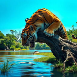 A fierce wild tiger drinking water from a river, with its powerful stance on a tree