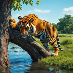 A fierce wild tiger drinking water from a river, with its powerful stance on a tree