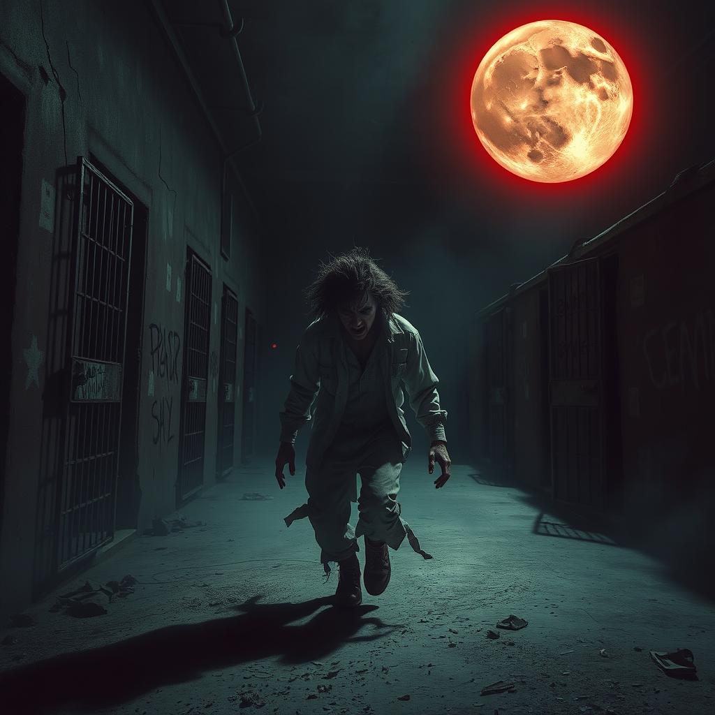 A chilling horror scene depicting a dark, abandoned prison during a violent jailbreak