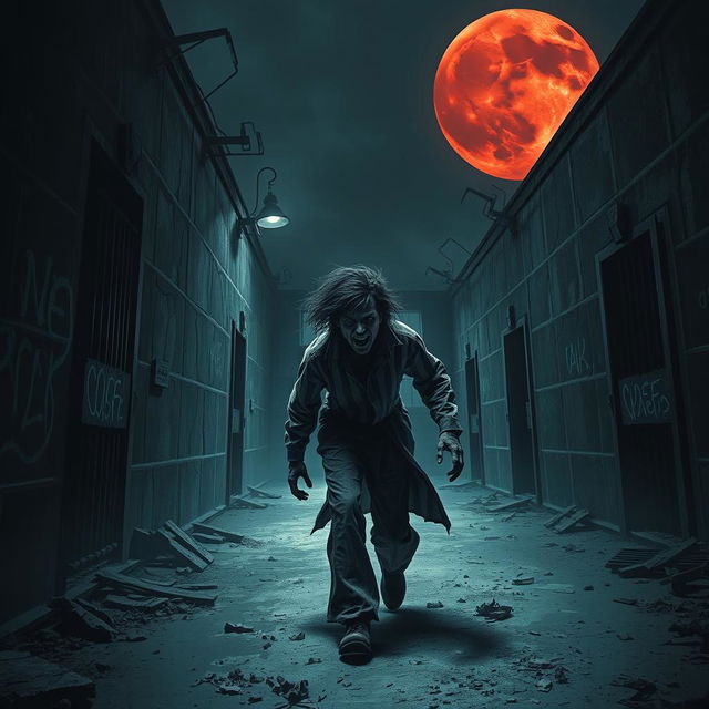 A chilling horror scene depicting a dark, abandoned prison during a violent jailbreak