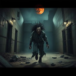 A chilling horror scene depicting a dark, abandoned prison during a violent jailbreak