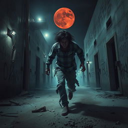 A chilling horror scene depicting a dark, abandoned prison during a violent jailbreak