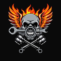 A striking logo design featuring a skull biting a combination lock, along with an adjustable wrench and a ring spanner