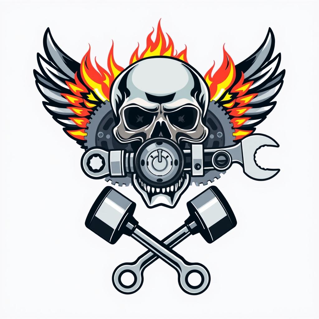 A striking logo design featuring a skull biting a combination lock, along with an adjustable wrench and a ring spanner