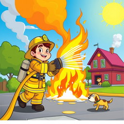 A cartoon-style scene depicting a heroic firefighter in a vibrant, animated setting, extinguishing a blazing fire with a large water hose