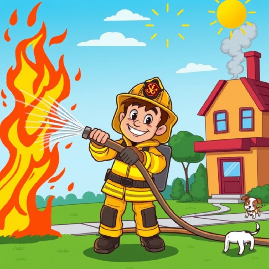 A cartoon-style scene depicting a heroic firefighter in a vibrant, animated setting, extinguishing a blazing fire with a large water hose