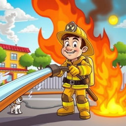 A cartoon-style scene depicting a heroic firefighter in a vibrant, animated setting, extinguishing a blazing fire with a large water hose