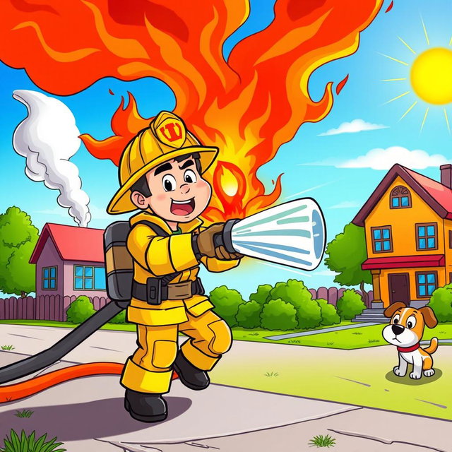 A cartoon-style scene depicting a heroic firefighter in a vibrant, animated setting, extinguishing a blazing fire with a large water hose