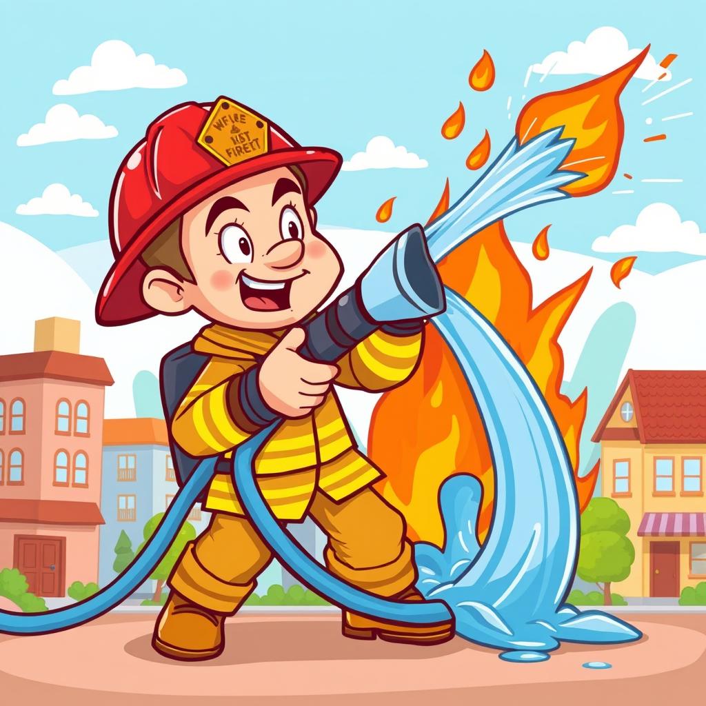 A cartoon style illustration of a firefighter bravely putting out a fire