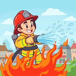 A cartoon style illustration of a firefighter bravely putting out a fire
