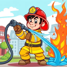 A cartoon style illustration of a firefighter bravely putting out a fire