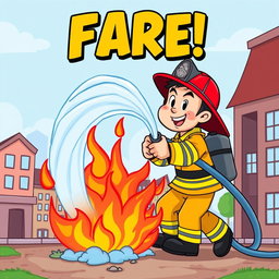 A cartoon style illustration of a firefighter bravely putting out a fire
