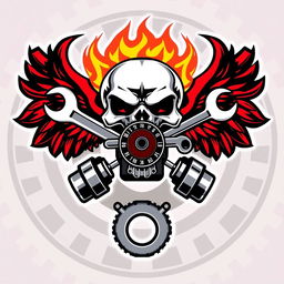 A logo featuring a skull biting a combination lock, with a wrench and a ring spanner incorporated into the design