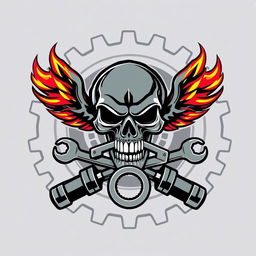 A logo featuring a skull biting a combination lock, with a wrench and a ring spanner incorporated into the design